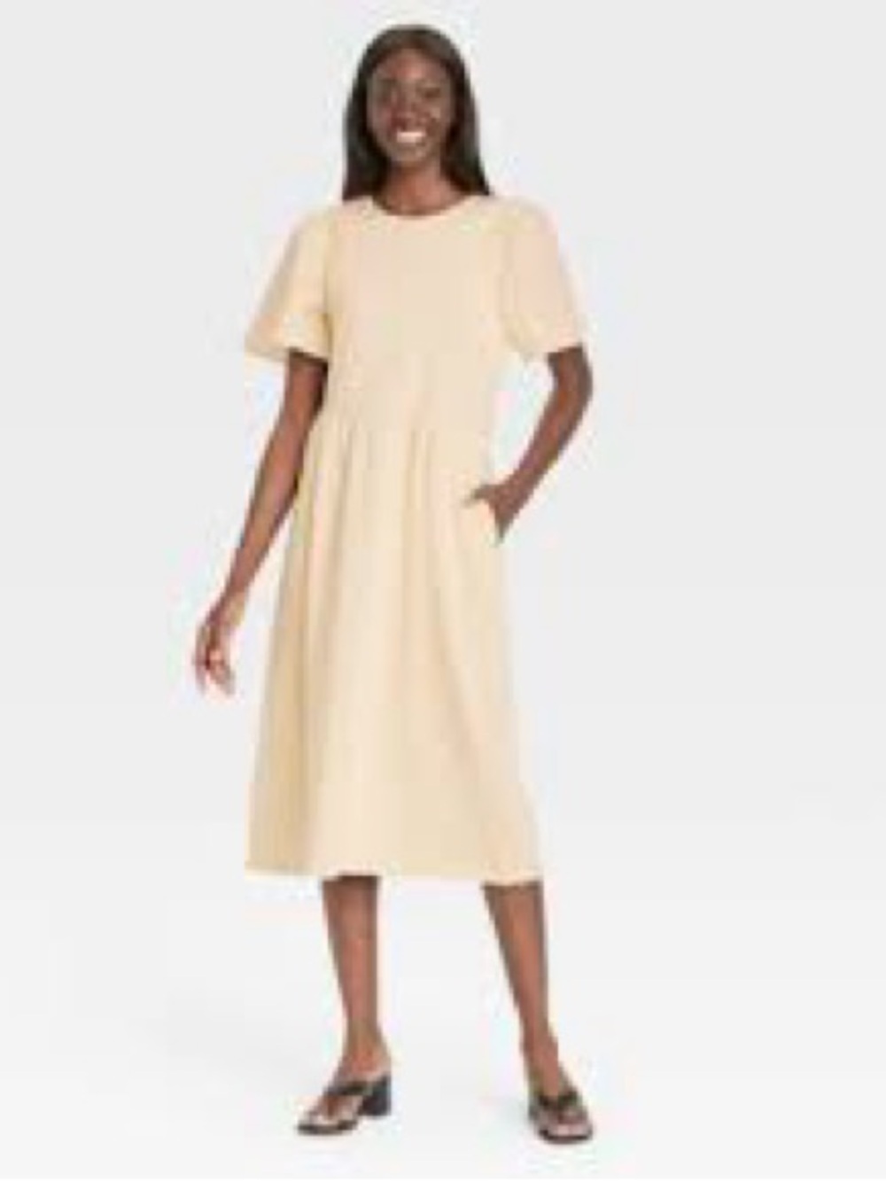 Who What Wear Angel Cream Puff-Sleeve Smocked Knit Dress. Small